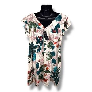 New Small Kara And Kate Floral Tunic Top Short Ruffle Sleeve Vneck White Green